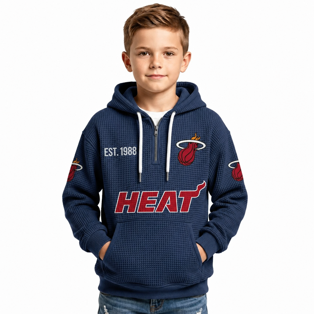 Miami Heat EST 1988 Printed Waffle Quarter Zip Basketball Fan Hoodie For Kids