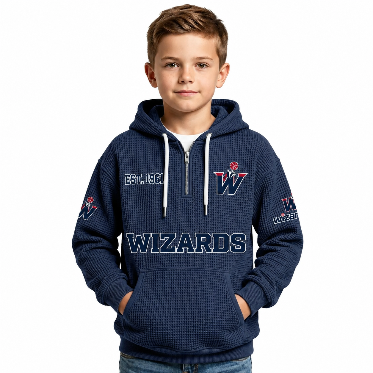 Washington Wizards EST 1961 Printed Waffle Quarter Zip Basketball Fan Hoodie For Kids