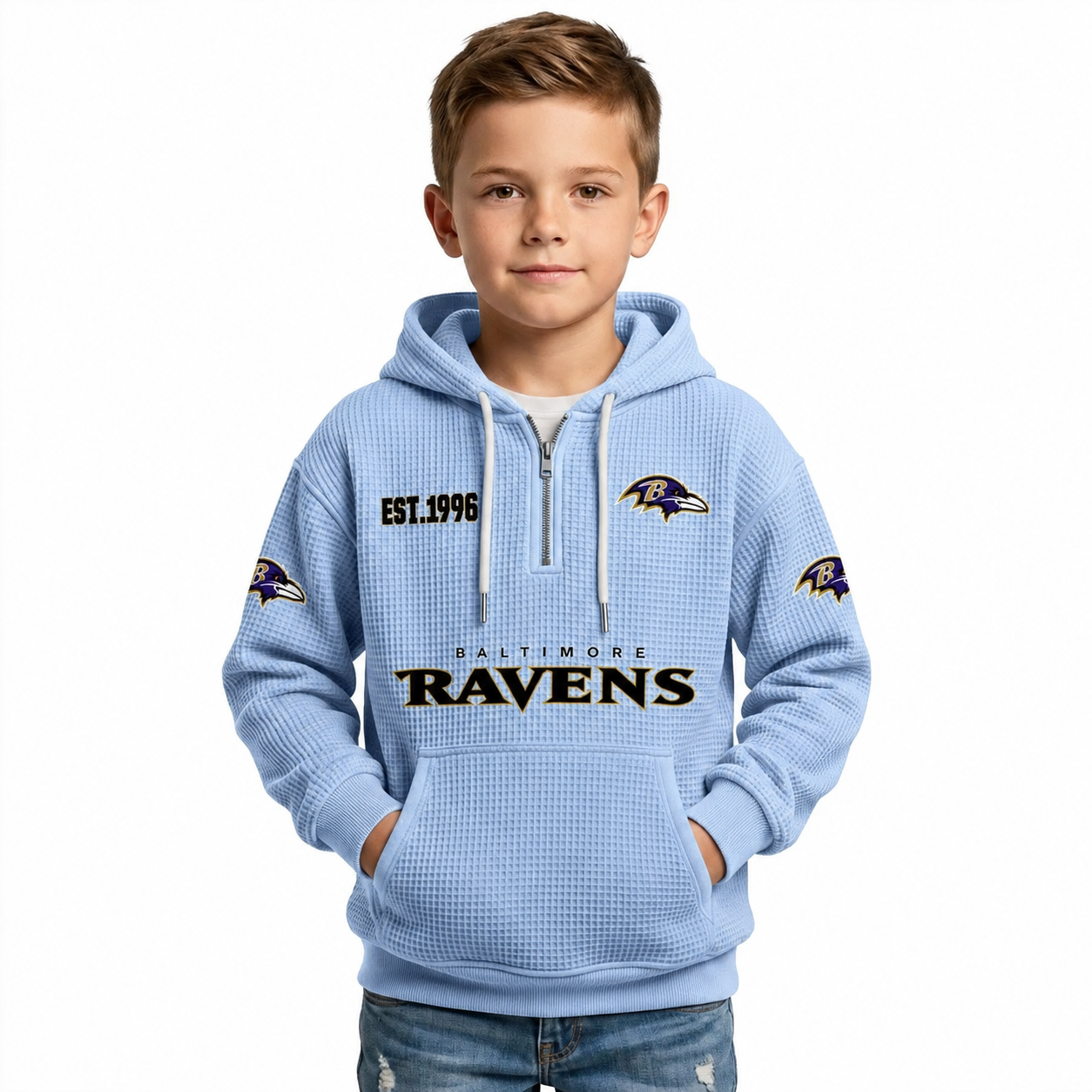 Baltimore Ravens EST 1996 Printed Quarter Zip Waffle Football Fan Hoodie For Kids