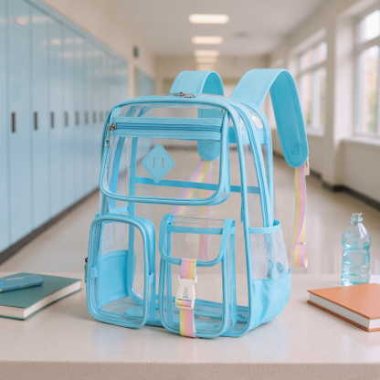 Clear Backpack for School,Heavy Duty PVC Transparent Bookbag for Girls Stadium Approved See Through Backpack