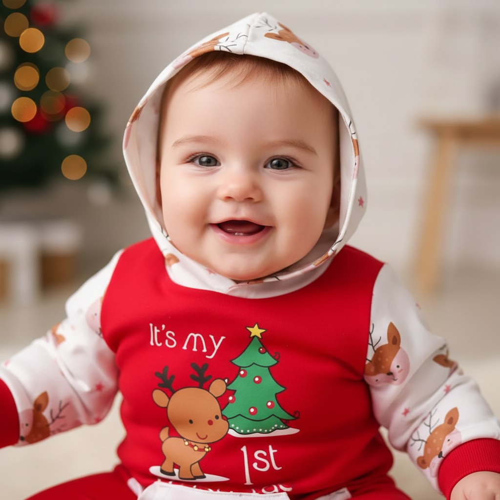 Its My 1st Christmas Reindeer Hooded Bodysuit for Baby Boys and Girls