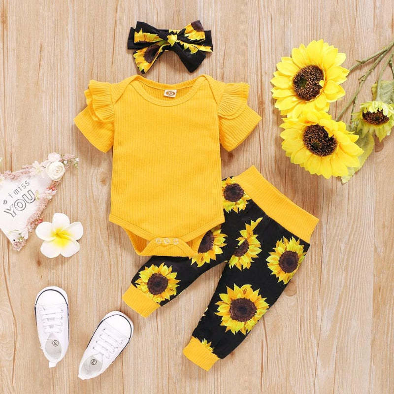 Newborn Baby Girl Short Ruffled Sleeve 3 Pcs Floral Pants Set-Children Cloth Shop
