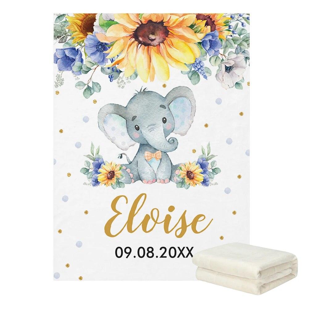 Sunflower Elephant Baby Blanket with Name and Date Print-Children Cloth Shop