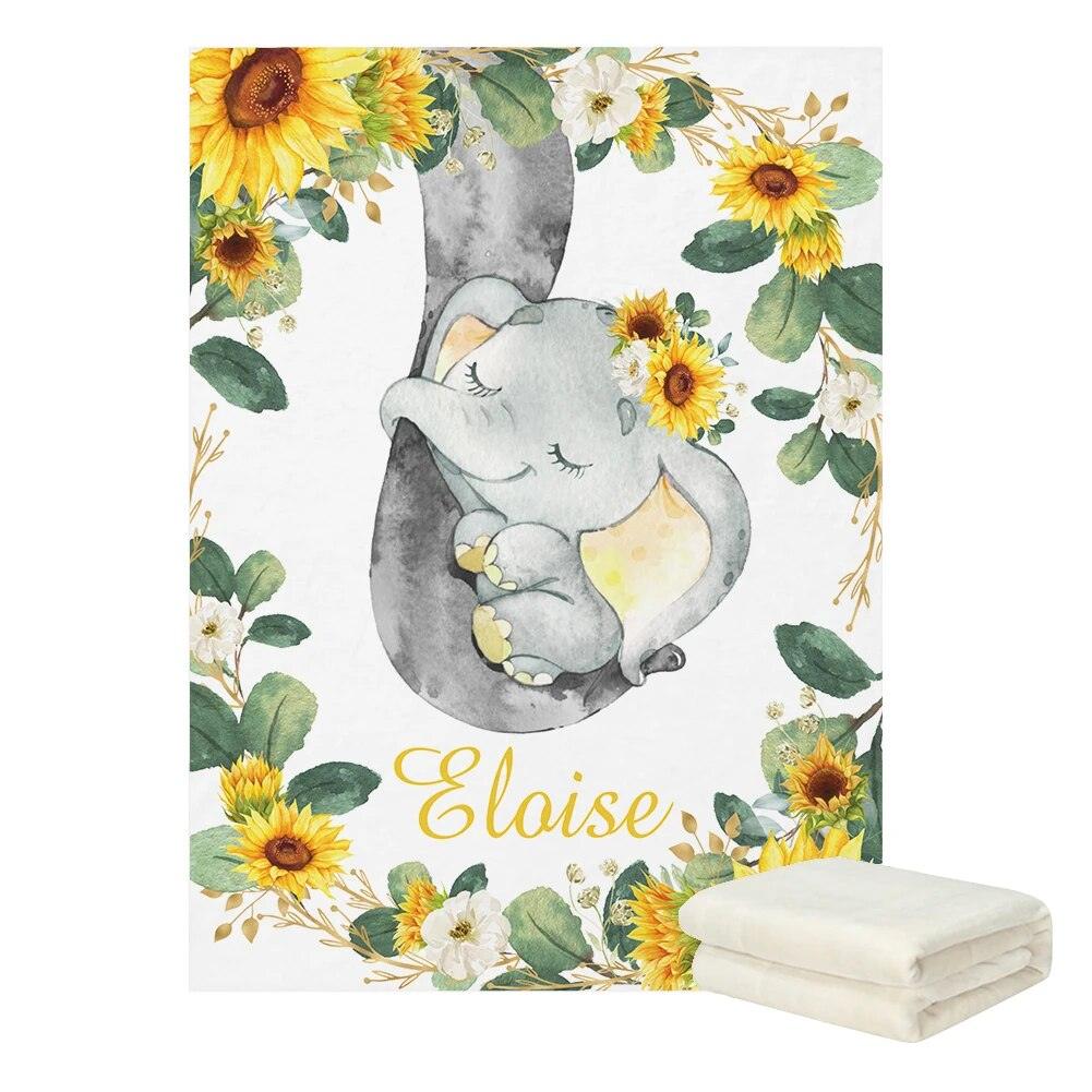 Sunflower Elephant Baby Blanket with Name and Date Print-Children Cloth Shop
