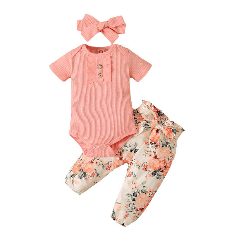 Newborn Baby Girl Short Ruffled Sleeve 3 Pcs Floral Pants Set-Children Cloth Shop