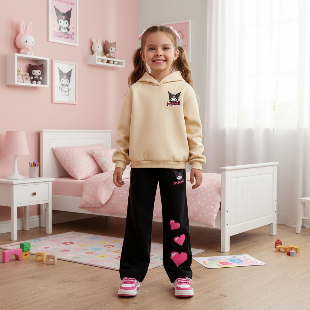 Kuromi Graphic Print Hoodie And Straight Pants Set For Girls