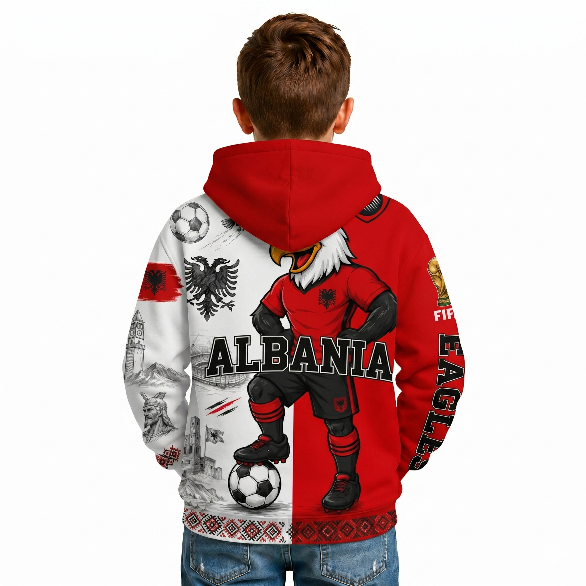 FIFA 2026 Albania Football Themed All Over Printed Hoodie For Kids