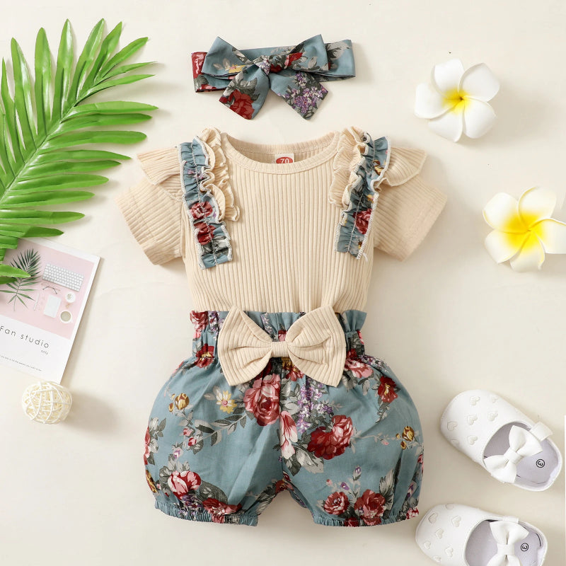 Newborn Baby Girl Short Ruffled Sleeve 3 Pcs Floral Clothes Set-Children Cloth Shop