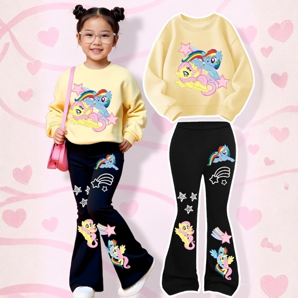 Fluttershy Dash Graphic Print Sweatshirt And Flared Pants Set For Girls