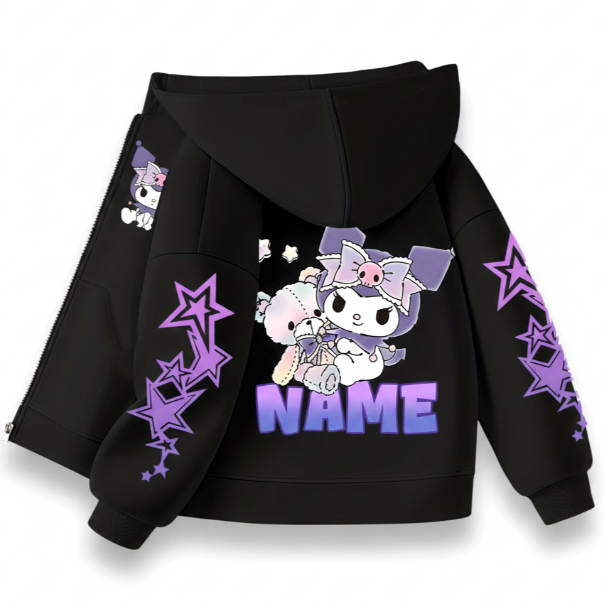 Kuromi Cartoon Graphic Print Hooded Sweatshirt For Girls Winter Wear