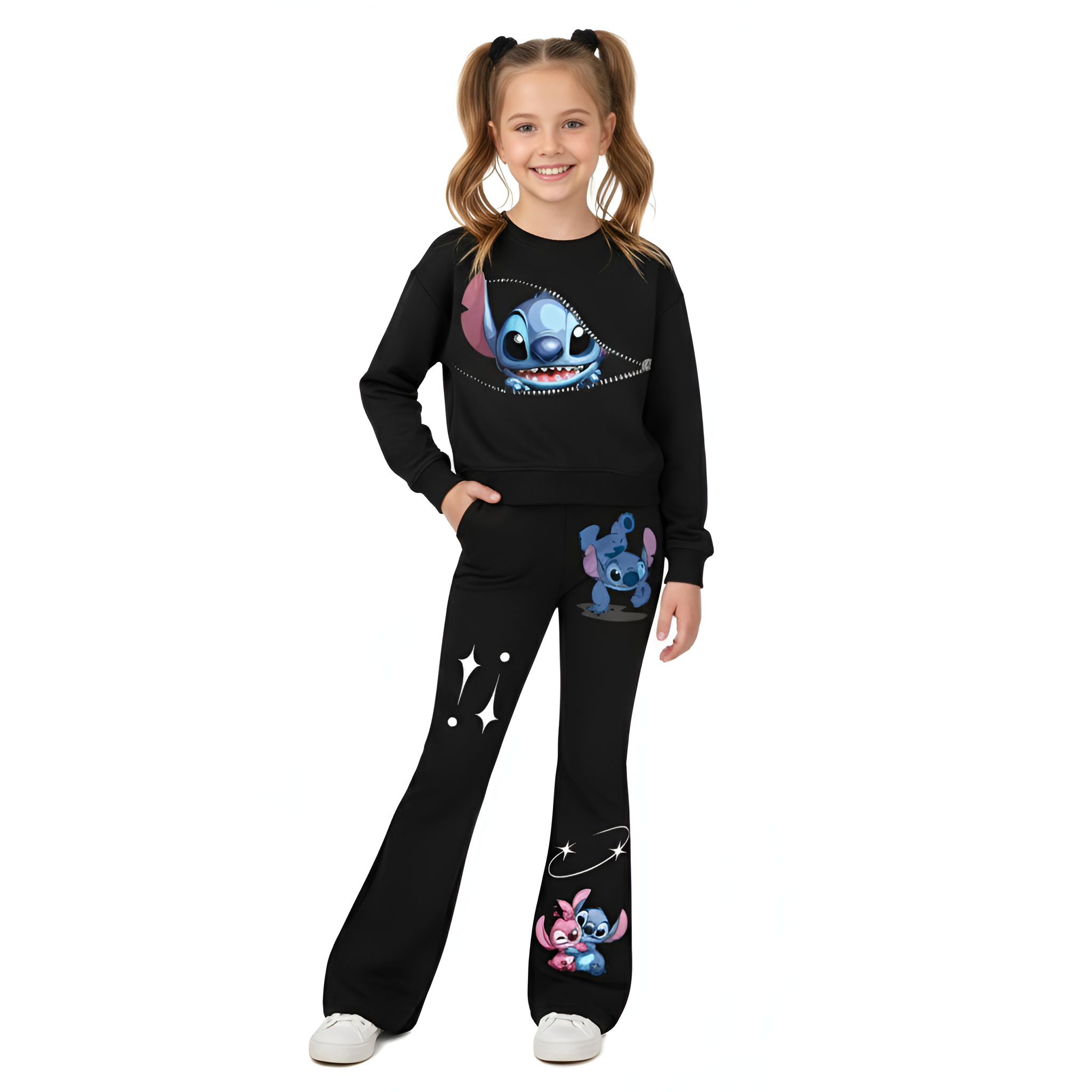 Girls Stitch Pattern Sweatshirt And Bell Bottom Pants Winter Wear 2 Piece Set