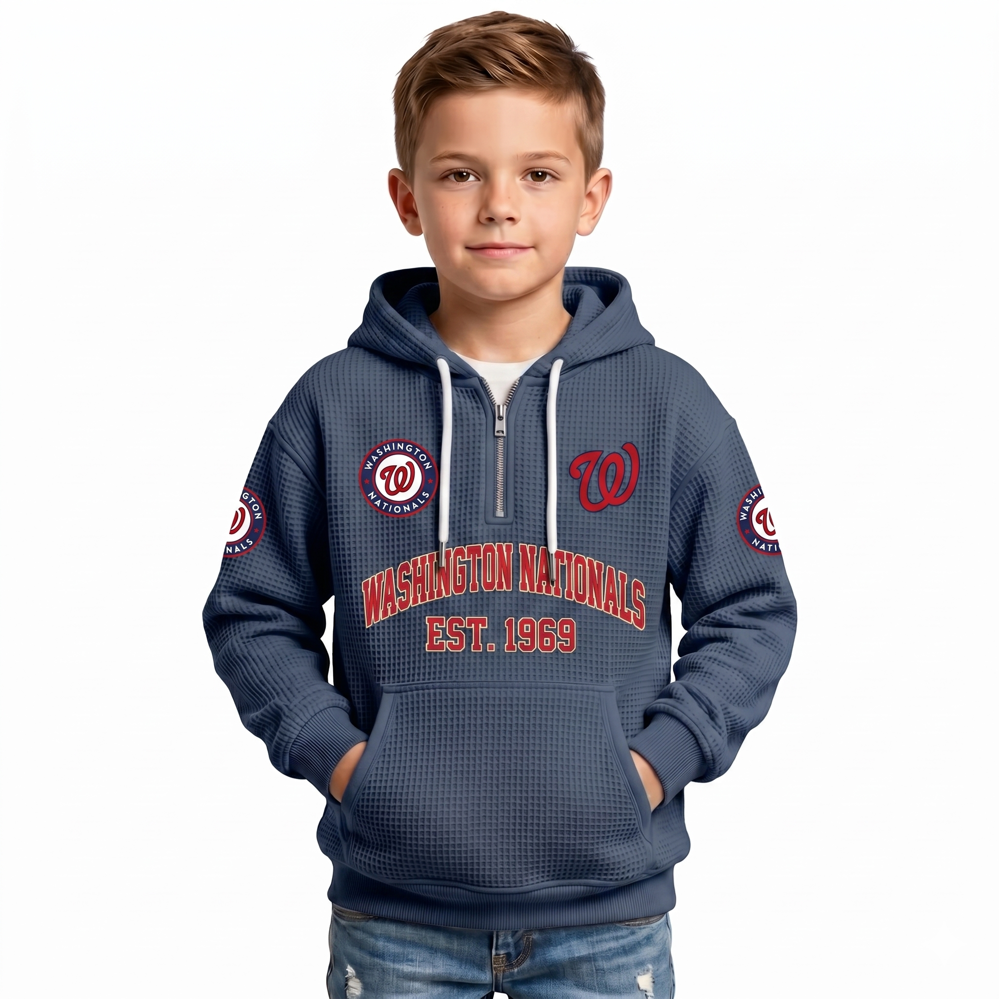 Washington Nationals EST 1969 Printed Waffle Quarter Zip Baseball Fan Hoodie For Kids