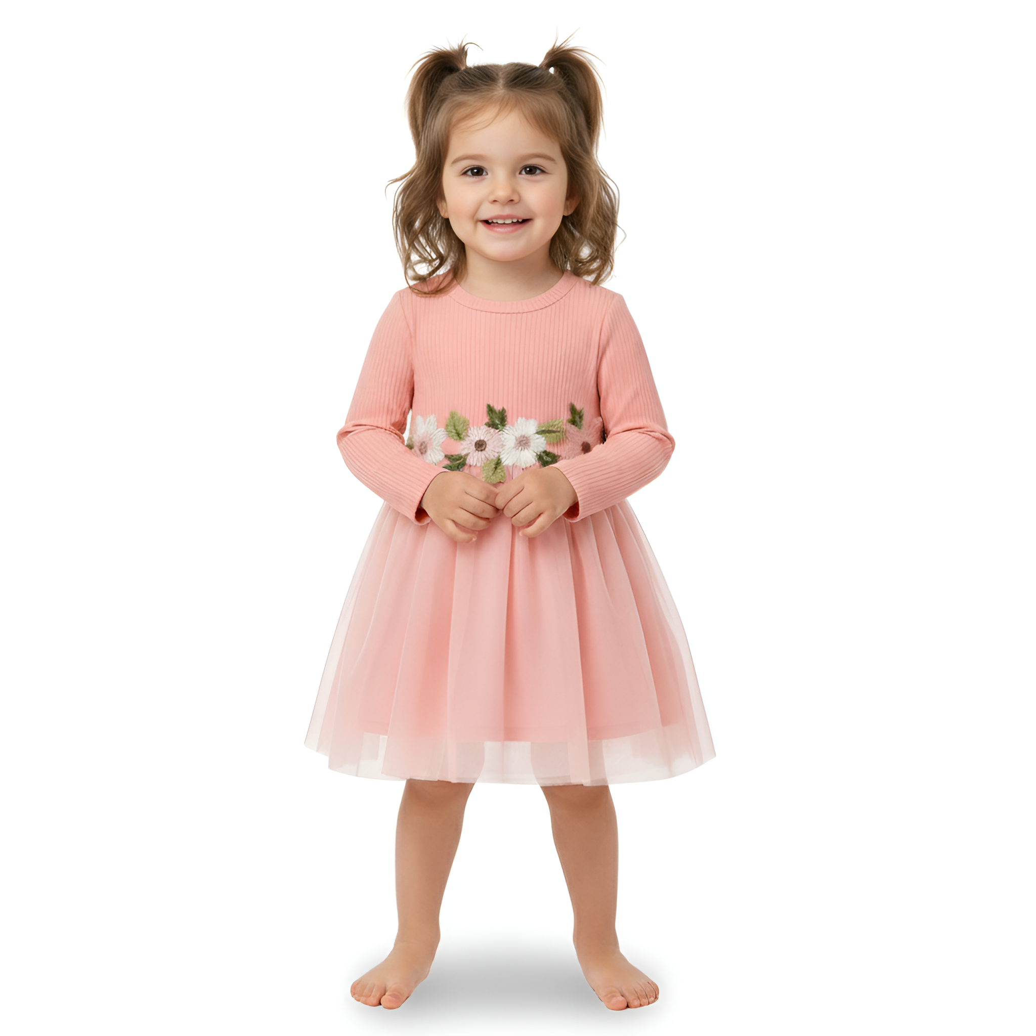 Long Sleeve Floral Mesh Party Dress For Baby