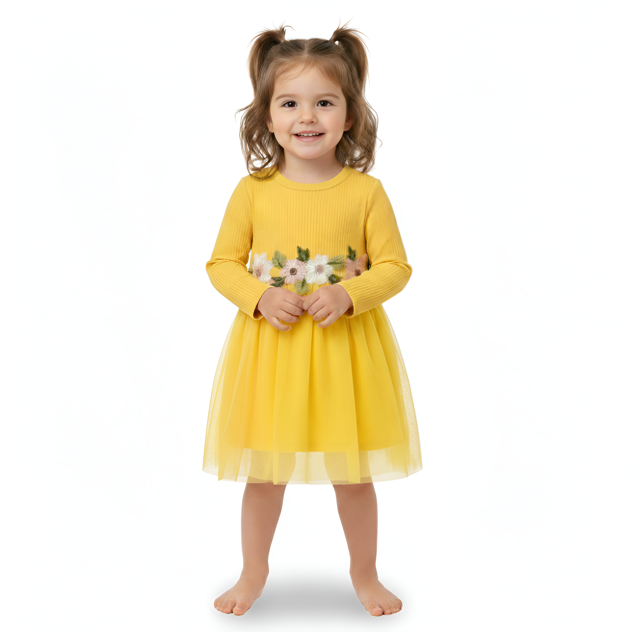Long Sleeve Floral Mesh Party Dress For Baby