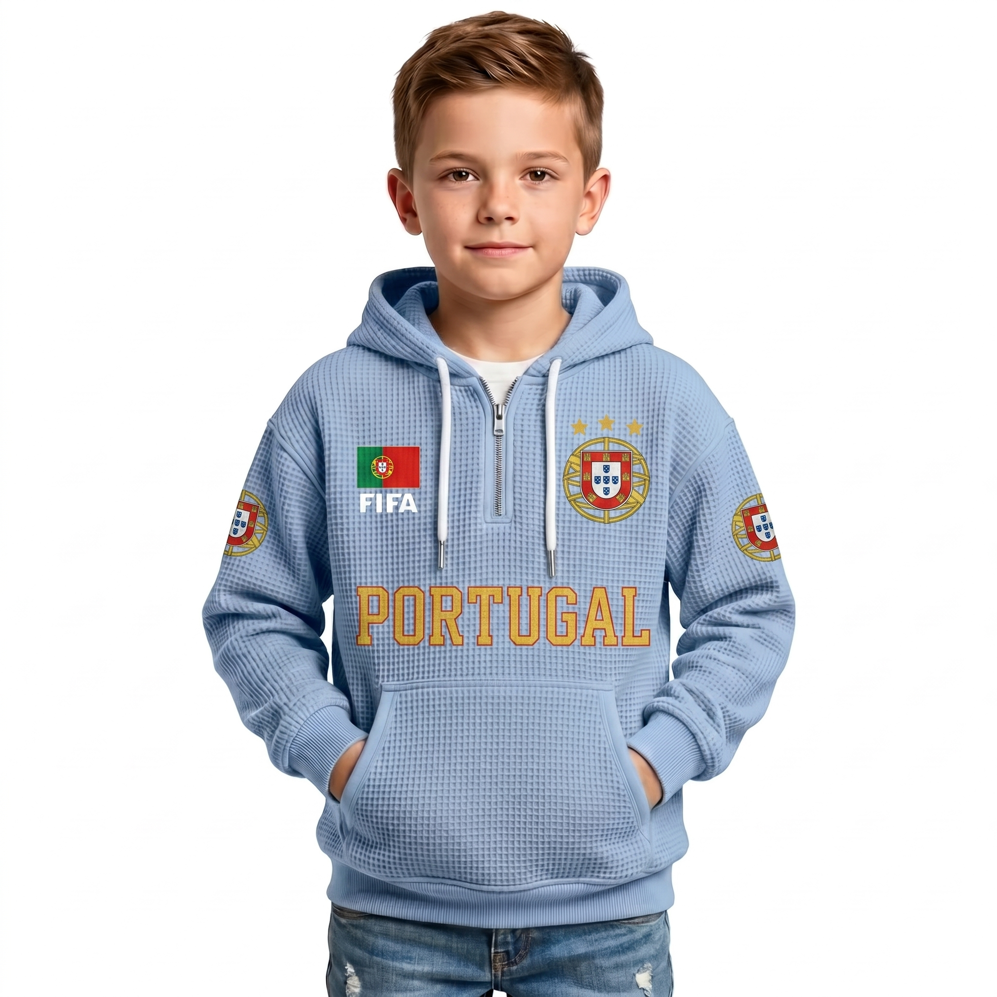 FIFA 2026 Portugal Printed Waffle Quarter Zip Football Fan Hoodie For Kids