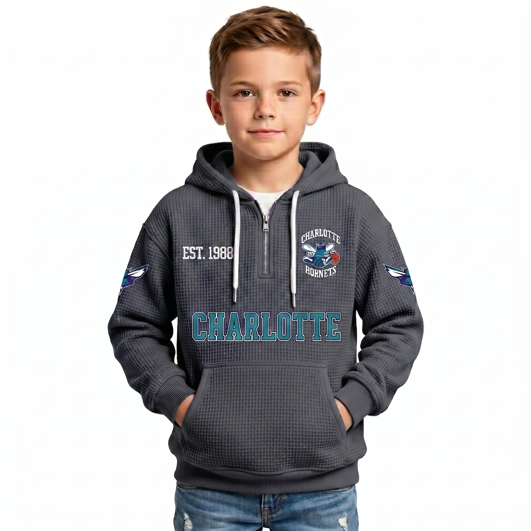 Charlotte Hornets EST 1988 Printed Waffle Quarter Zip Basketball Fan Hoodie For Kids