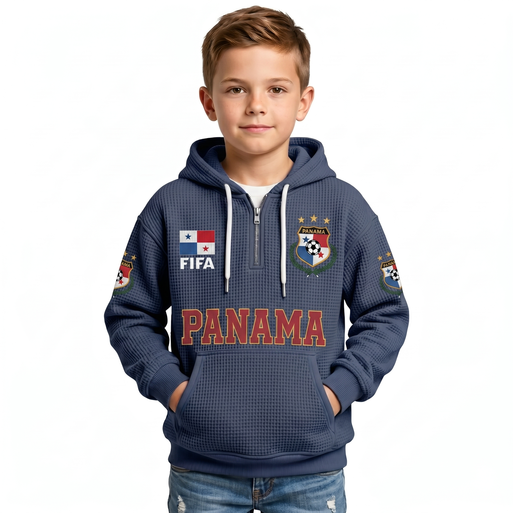 FIFA 2026 Panama Printed Waffle Quarter Zip Football Fan Hoodie For Kids