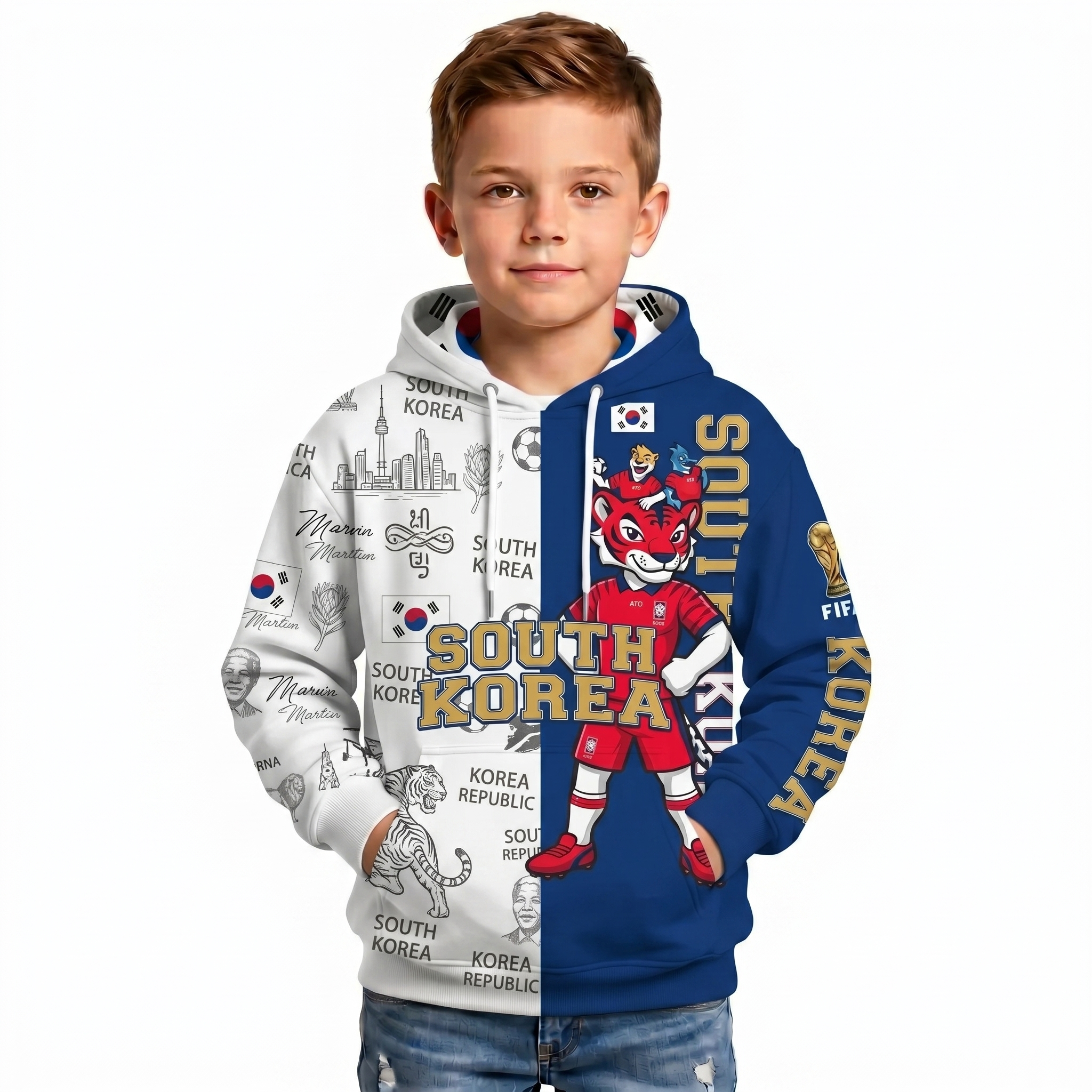 FIFA 2026 South Korea Football Themed All Over Printed Hoodie For Kids