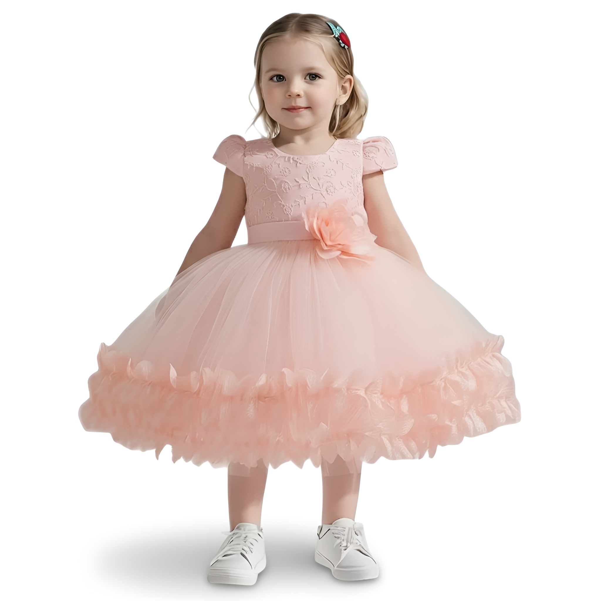 Princess Party Dress with Puff Sleeves and Ruffled Layers for Girls
