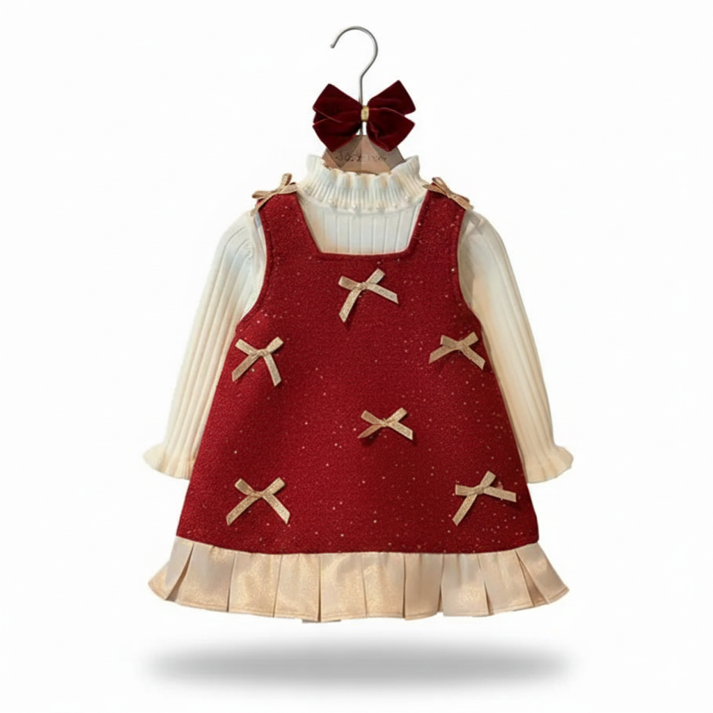 Bow Patchwork Pinafore Dress For Girls 