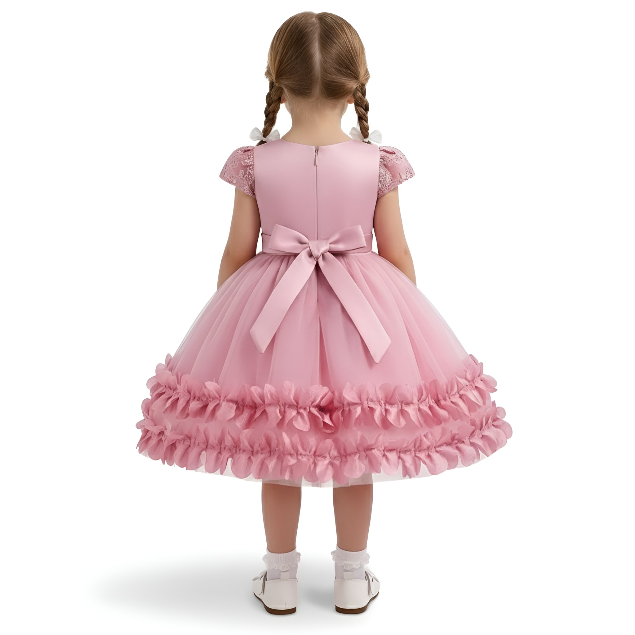 Princess Party Dress with Puff Sleeves and Ruffled Layers for Girls