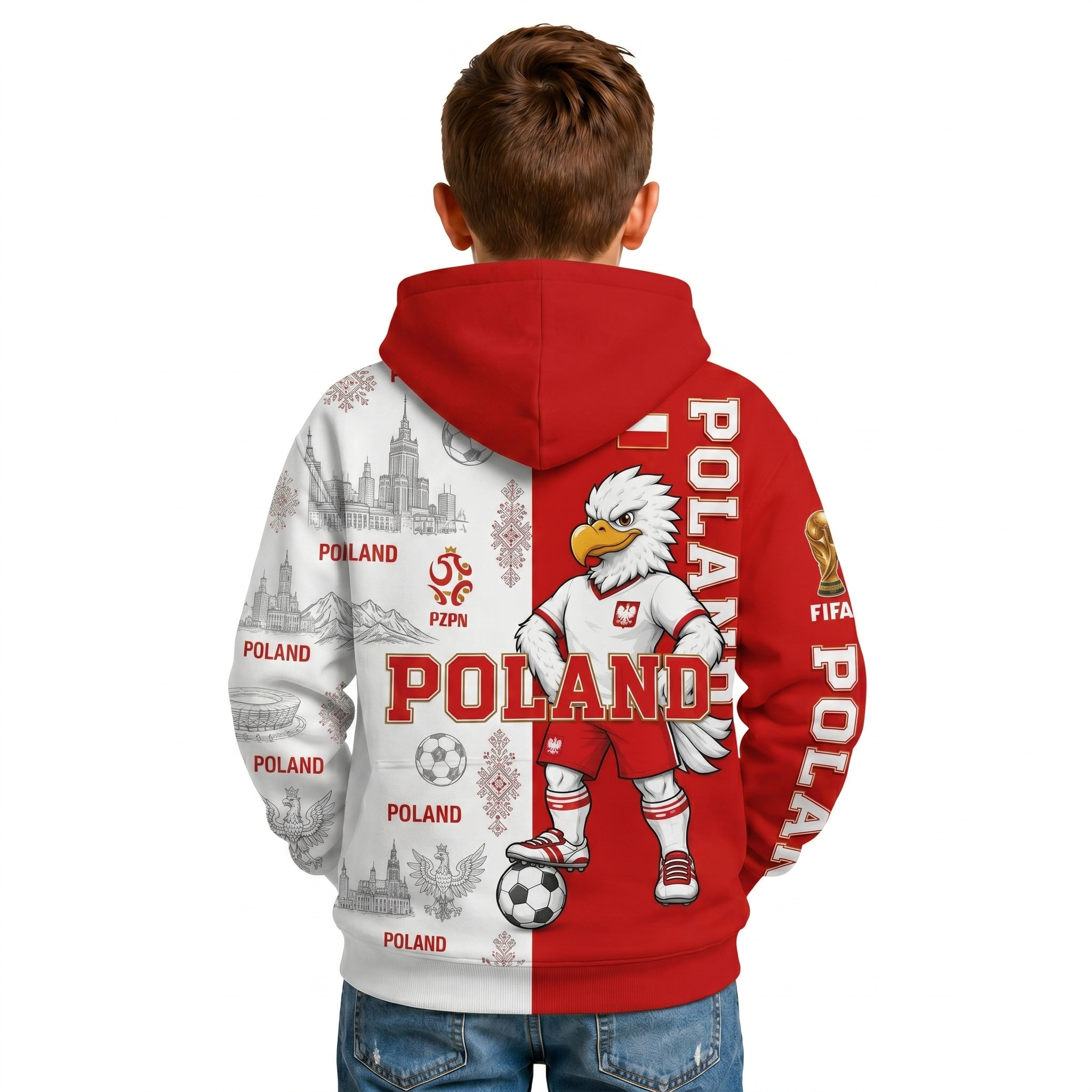 FIFA 2026 Poland Football Themed All Over Printed Hoodie For Kids