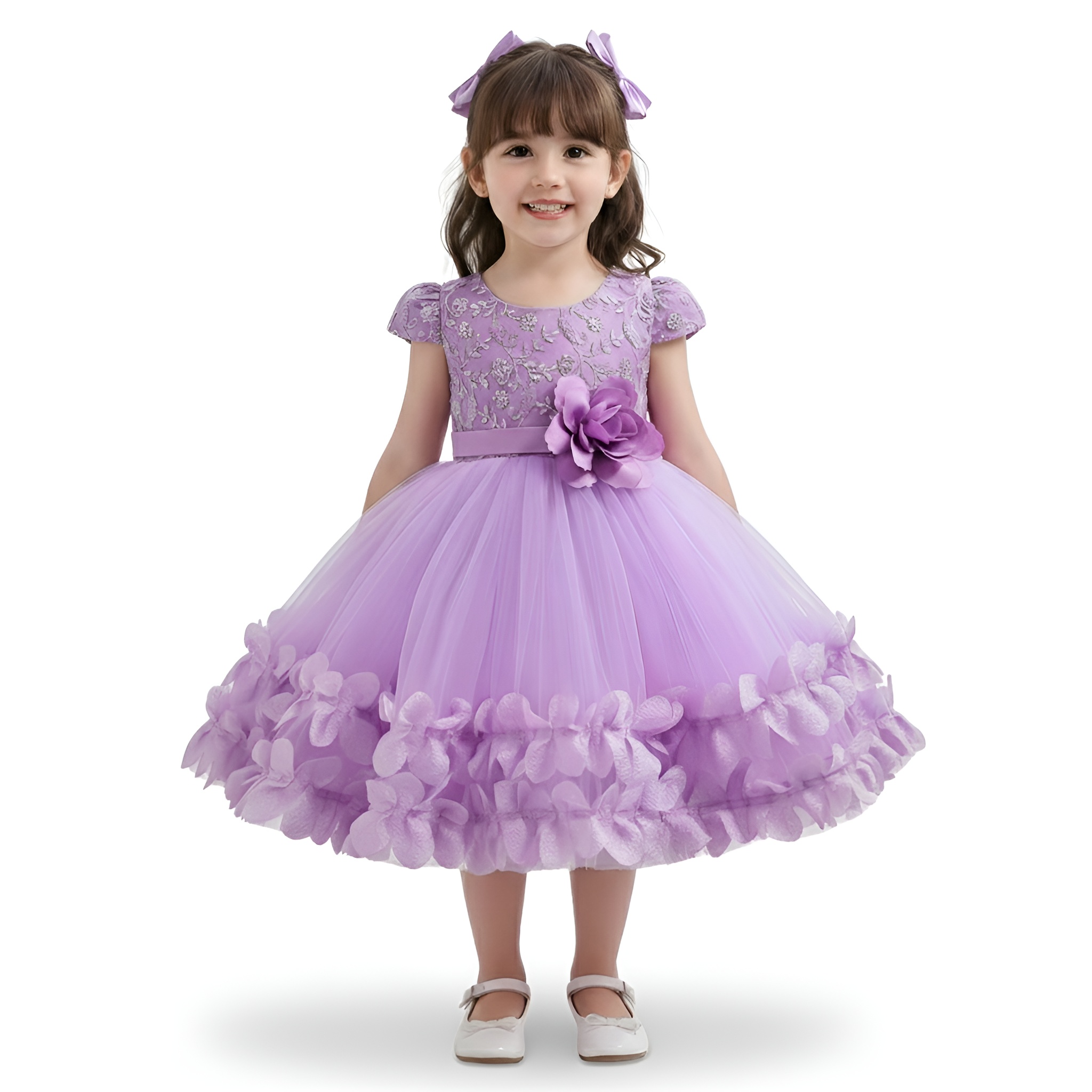 Princess Party Dress with Puff Sleeves and Ruffled Layers for Girls