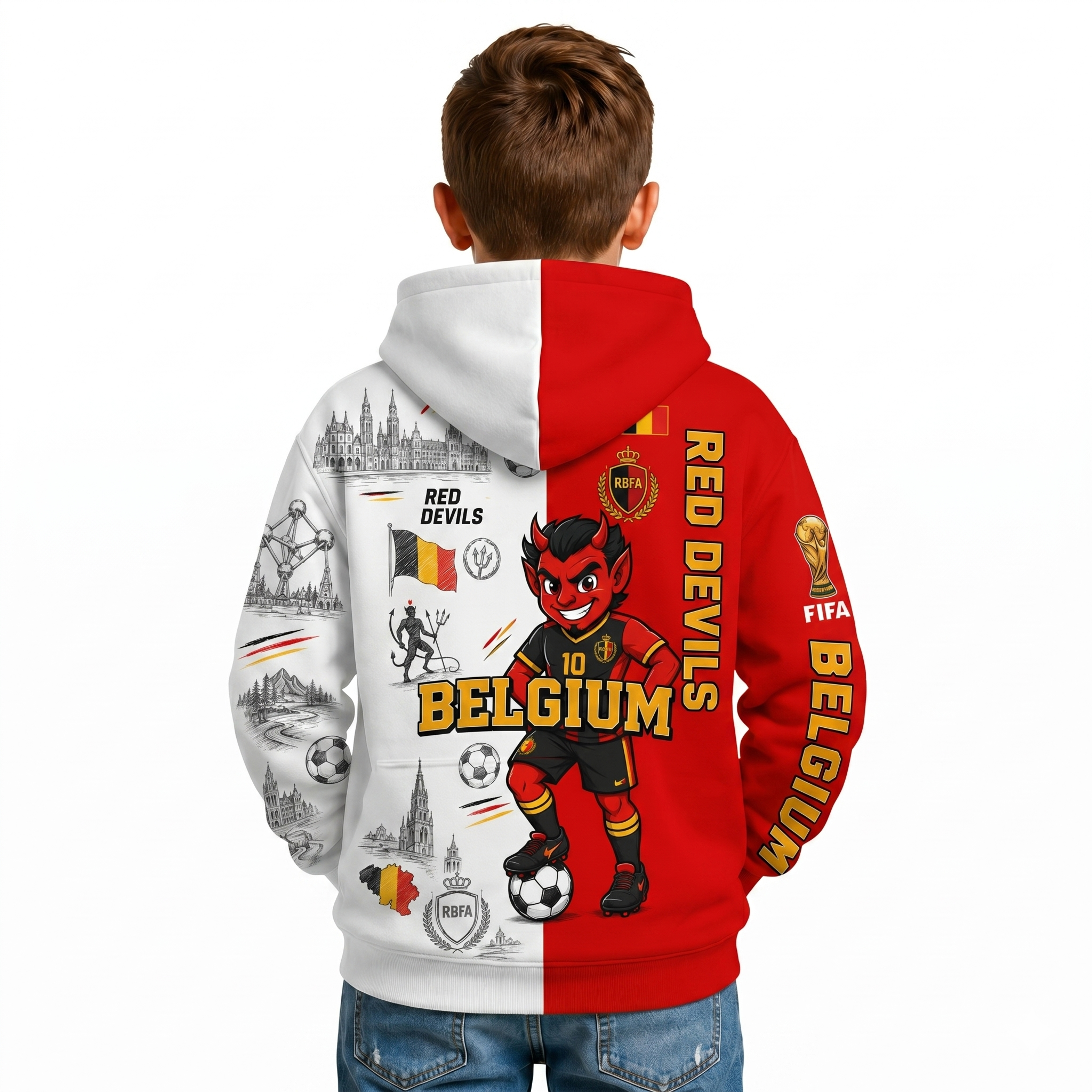 FIFA 2026 Belgium Football Themed All Over Printed Hoodie For Kids