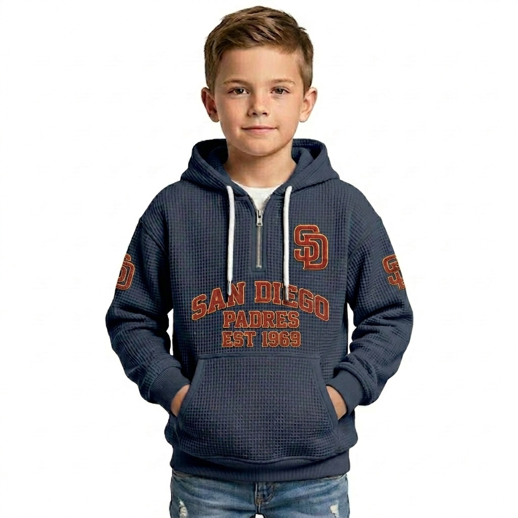 San Diego Padres EST 1969 Printed Waffle Quarter Zip Baseball Fan Hoodie For Kids