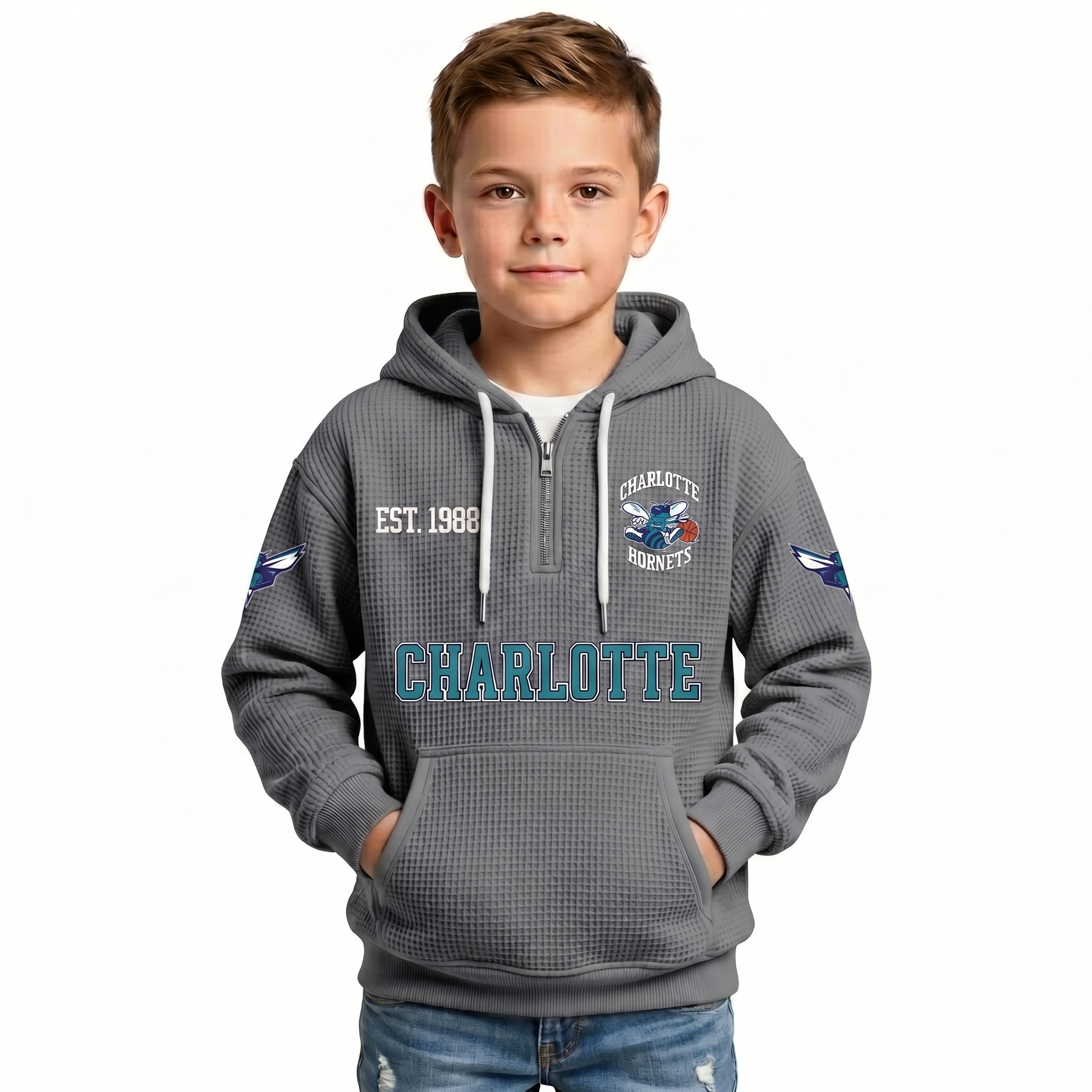 Charlotte Hornets EST 1988 Printed Waffle Quarter Zip Basketball Fan Hoodie For Kids