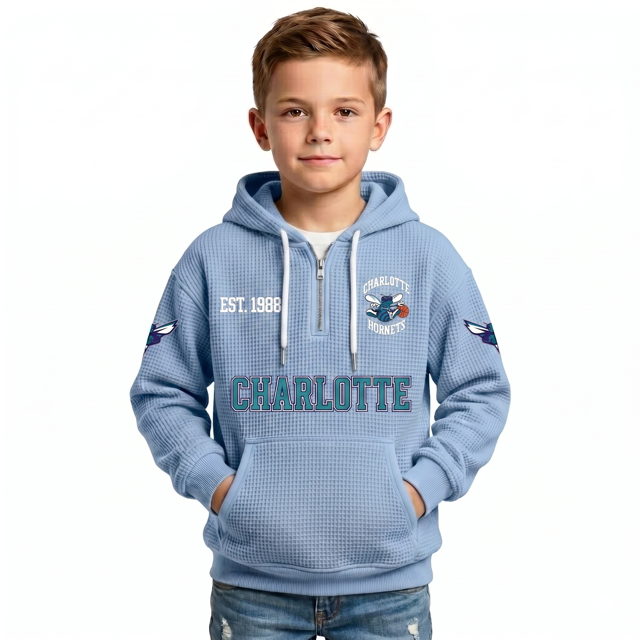 Charlotte Hornets EST 1988 Printed Waffle Quarter Zip Basketball Fan Hoodie For Kids