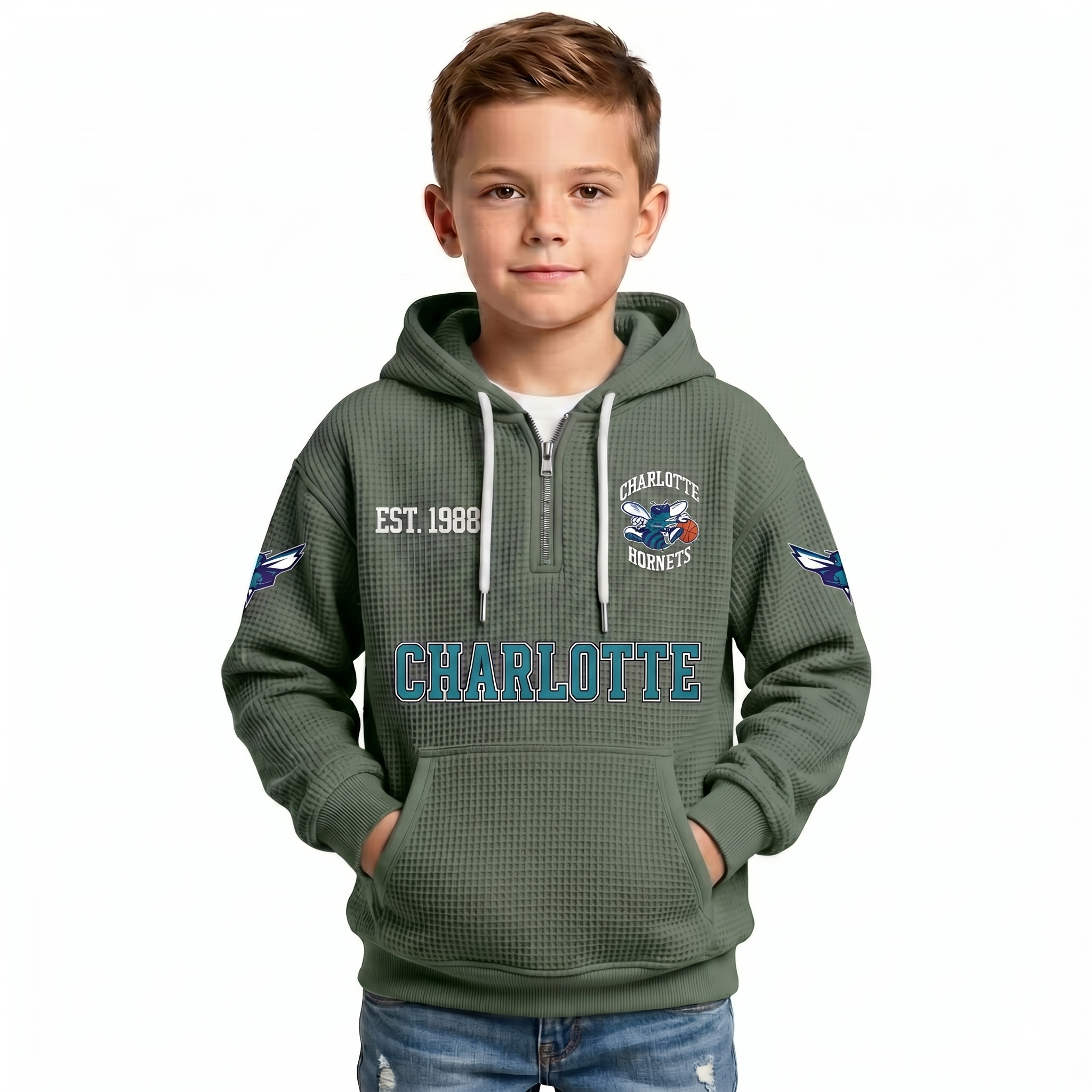 Charlotte Hornets EST 1988 Printed Waffle Quarter Zip Basketball Fan Hoodie For Kids