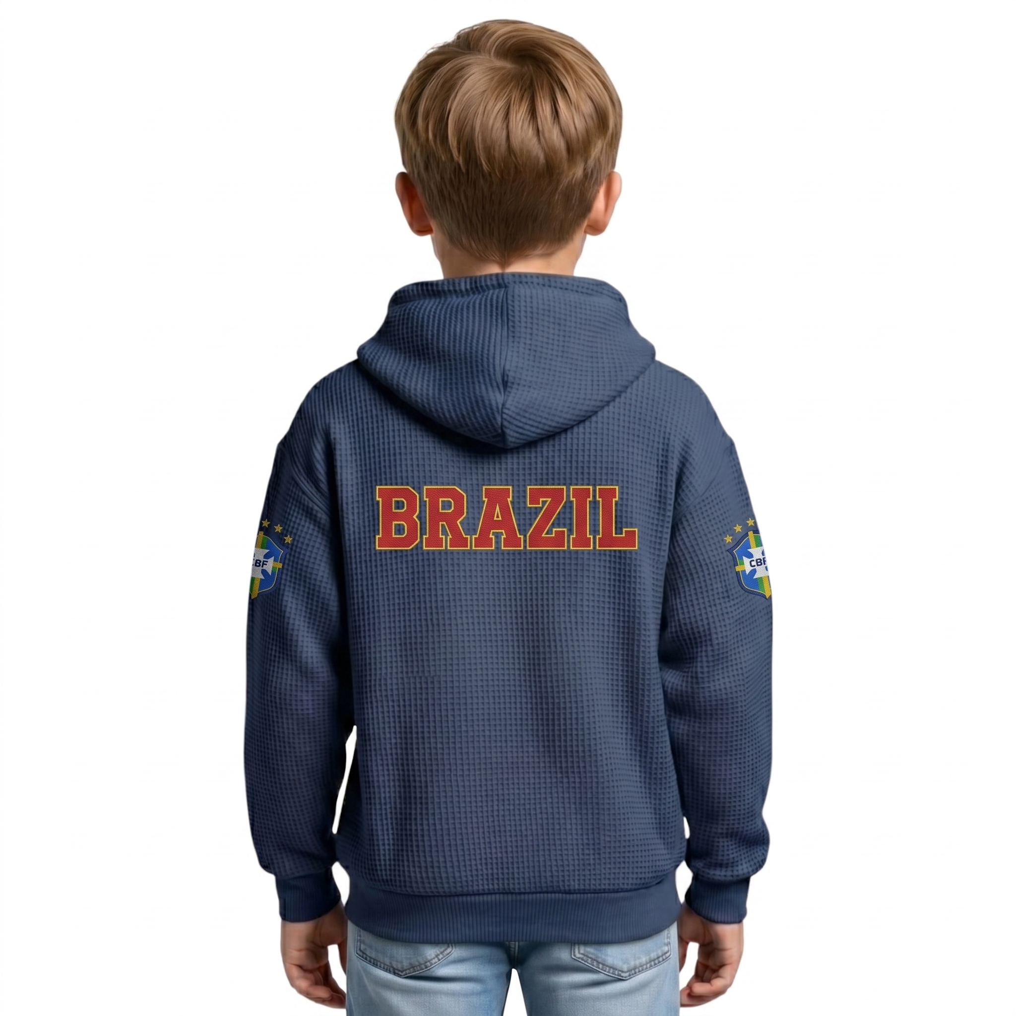 Brazil Printed Waffle Quarter Zip Football Fan Hoodie For Kids