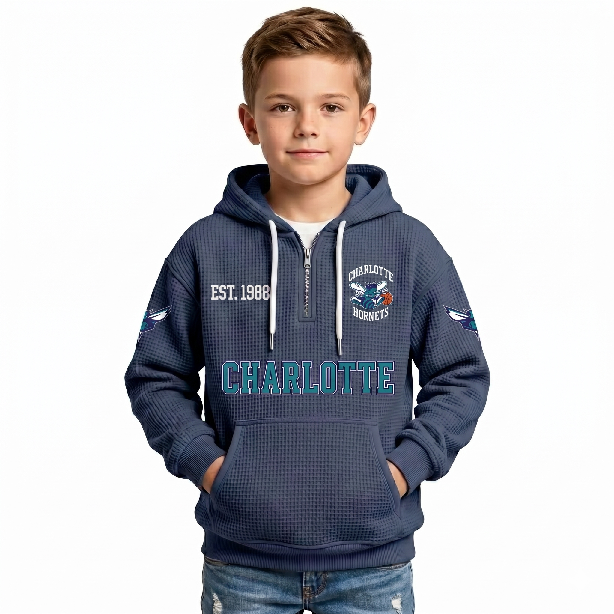Charlotte Hornets EST 1988 Printed Waffle Quarter Zip Basketball Fan Hoodie For Kids