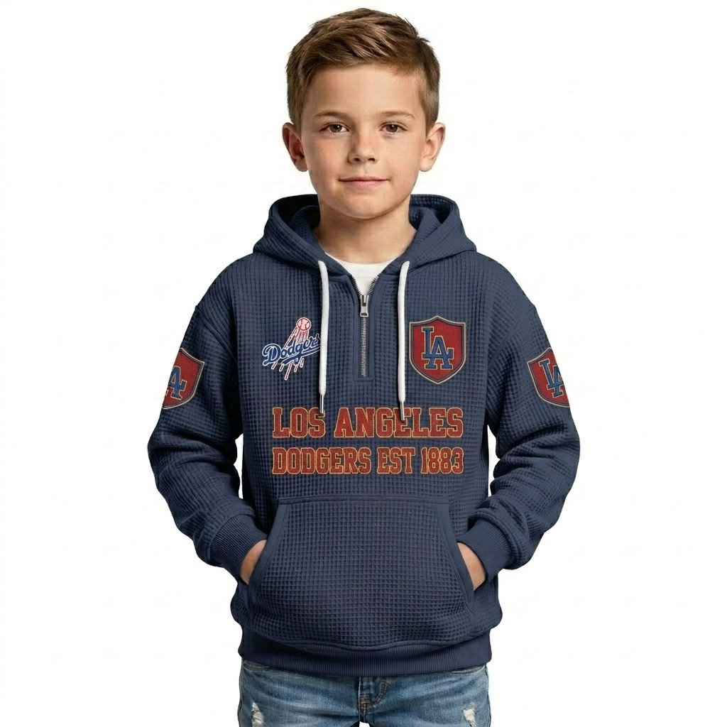 Los Angeles Dodgers EST 1883 Printed Waffle Quarter Zip Baseball Fan Hoodie For Kids