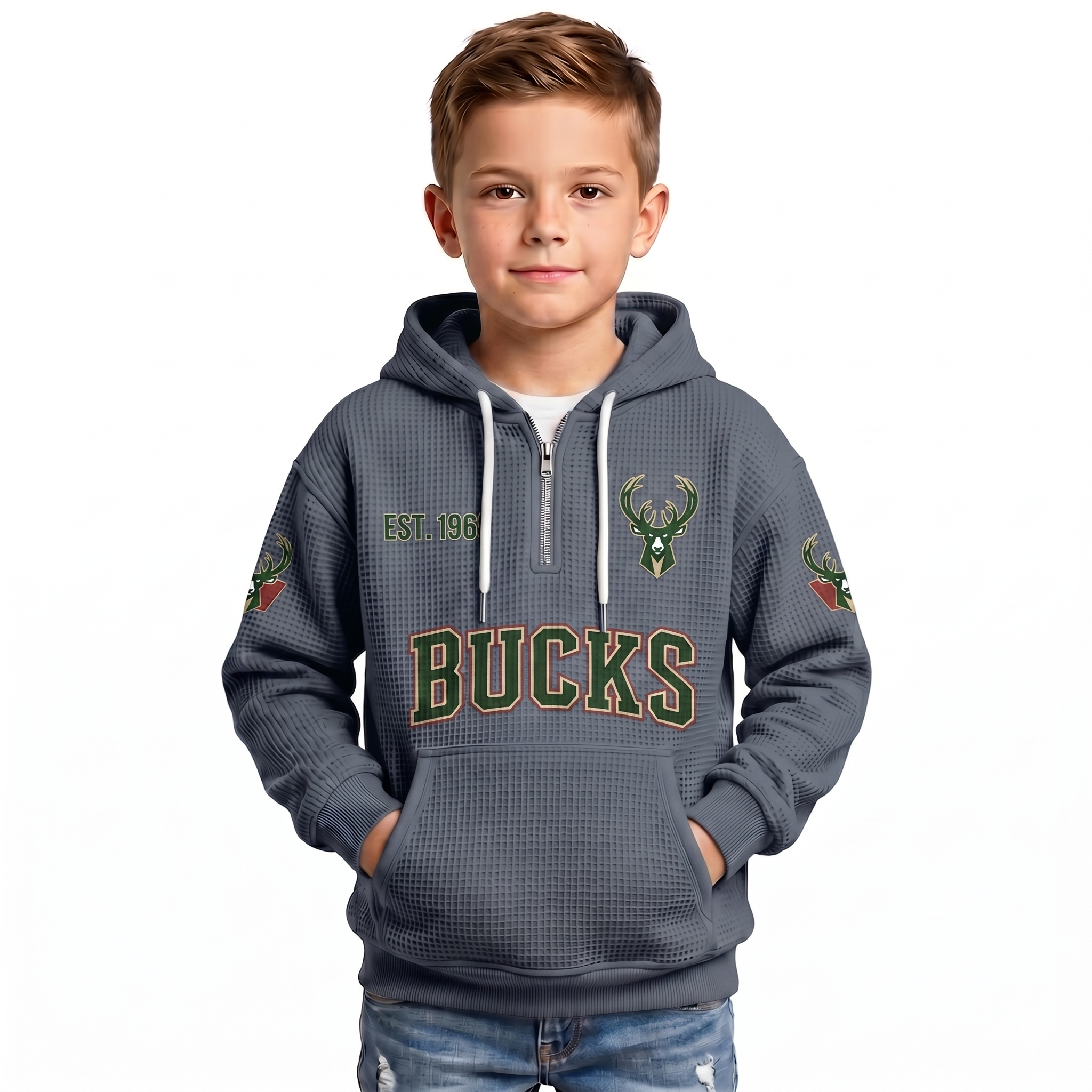 Milwaukee Bucks EST 1968 Printed Waffle Quarter Zip Basketball Fan Hoodie For Kids