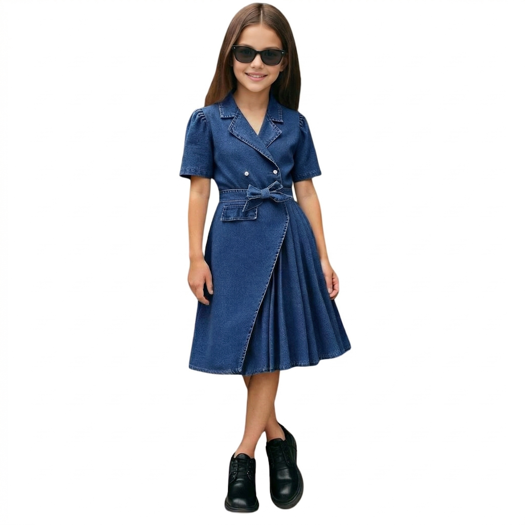 Denim Wrap Shirt Dress With Belt And Pleated Skirt For Girls