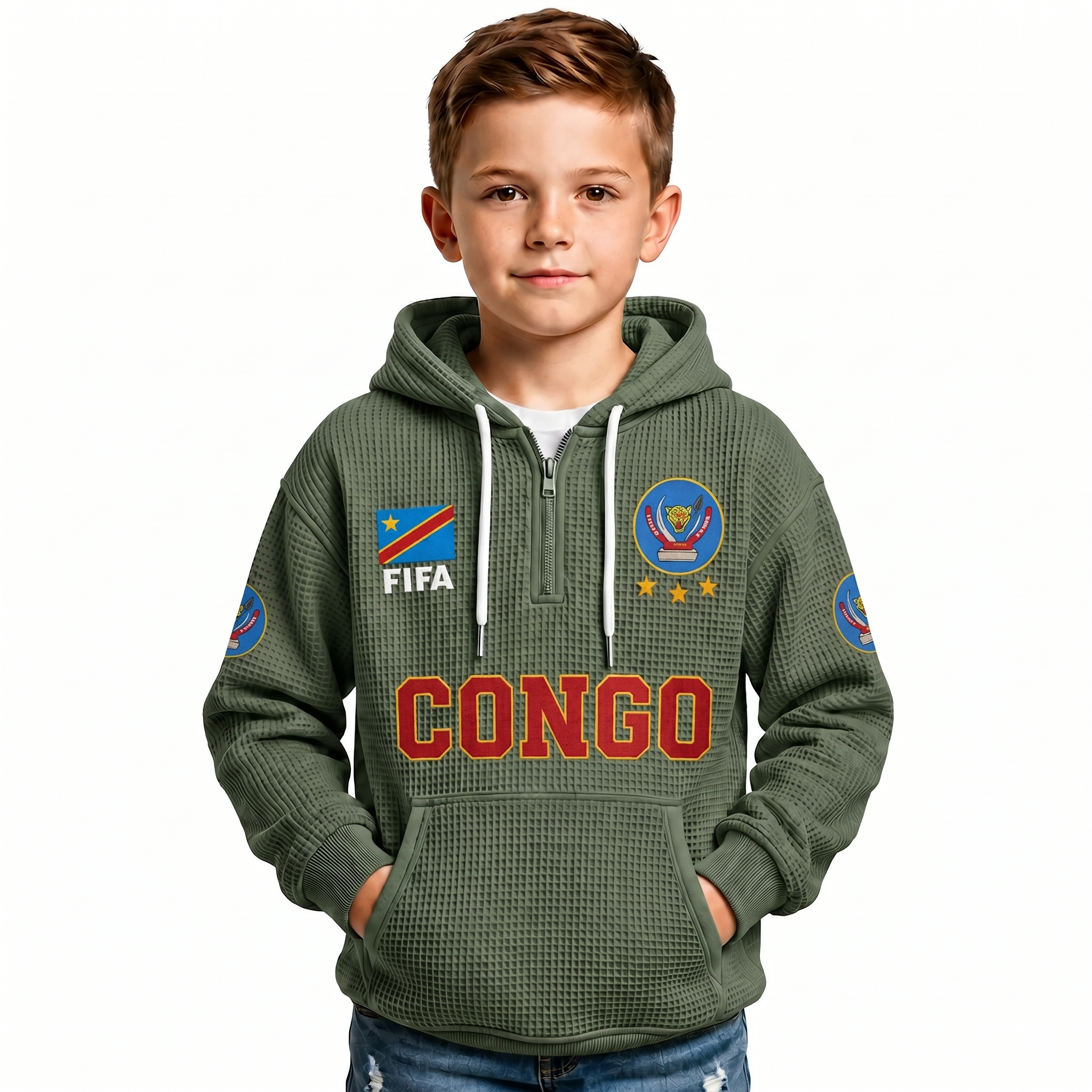 FIFA 2026 Democratic Republic Of The Congo Printed Waffle Quarter Zip Football Fan Hoodie For Kids