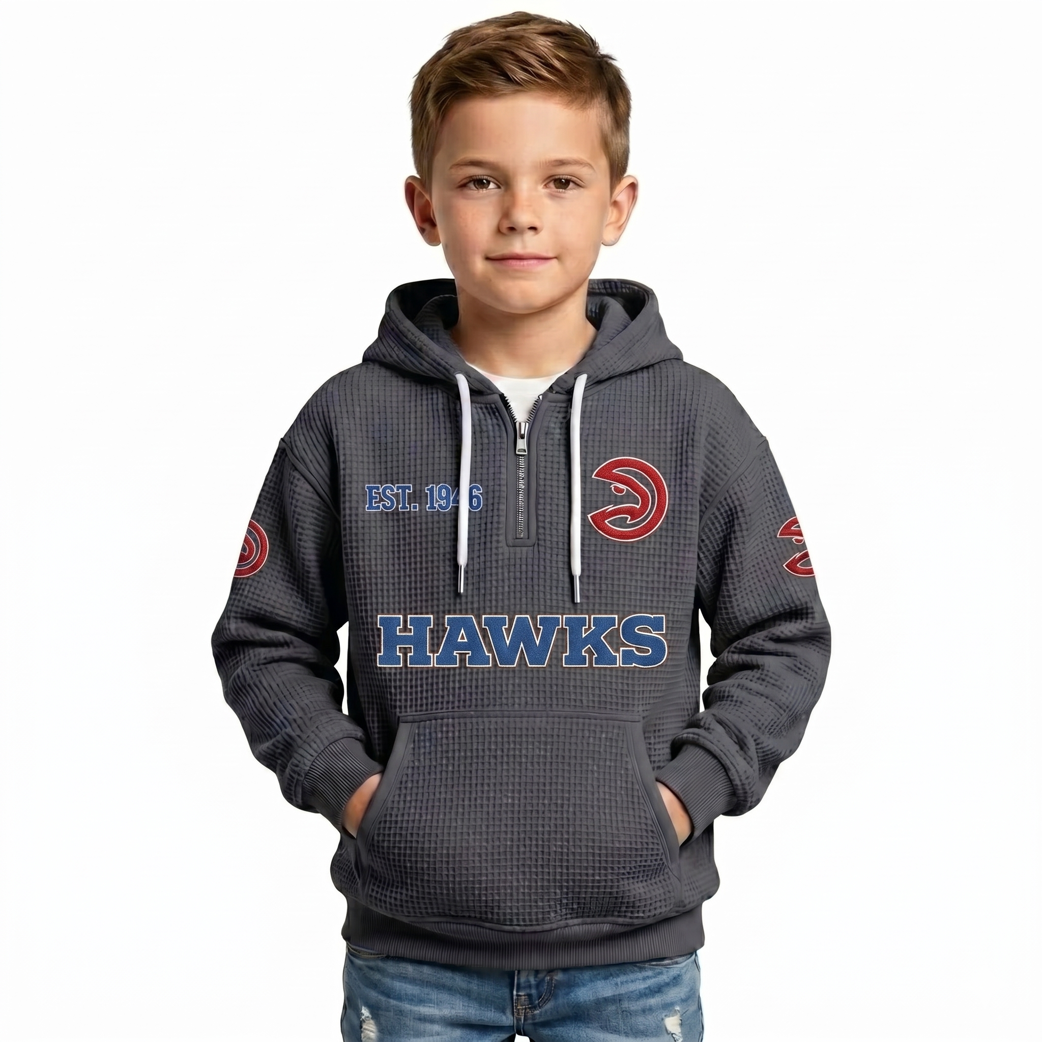Atlanta Hawks EST 1946 Printed Waffle Quarter Zip Basketball Fan Hoodie For Kids