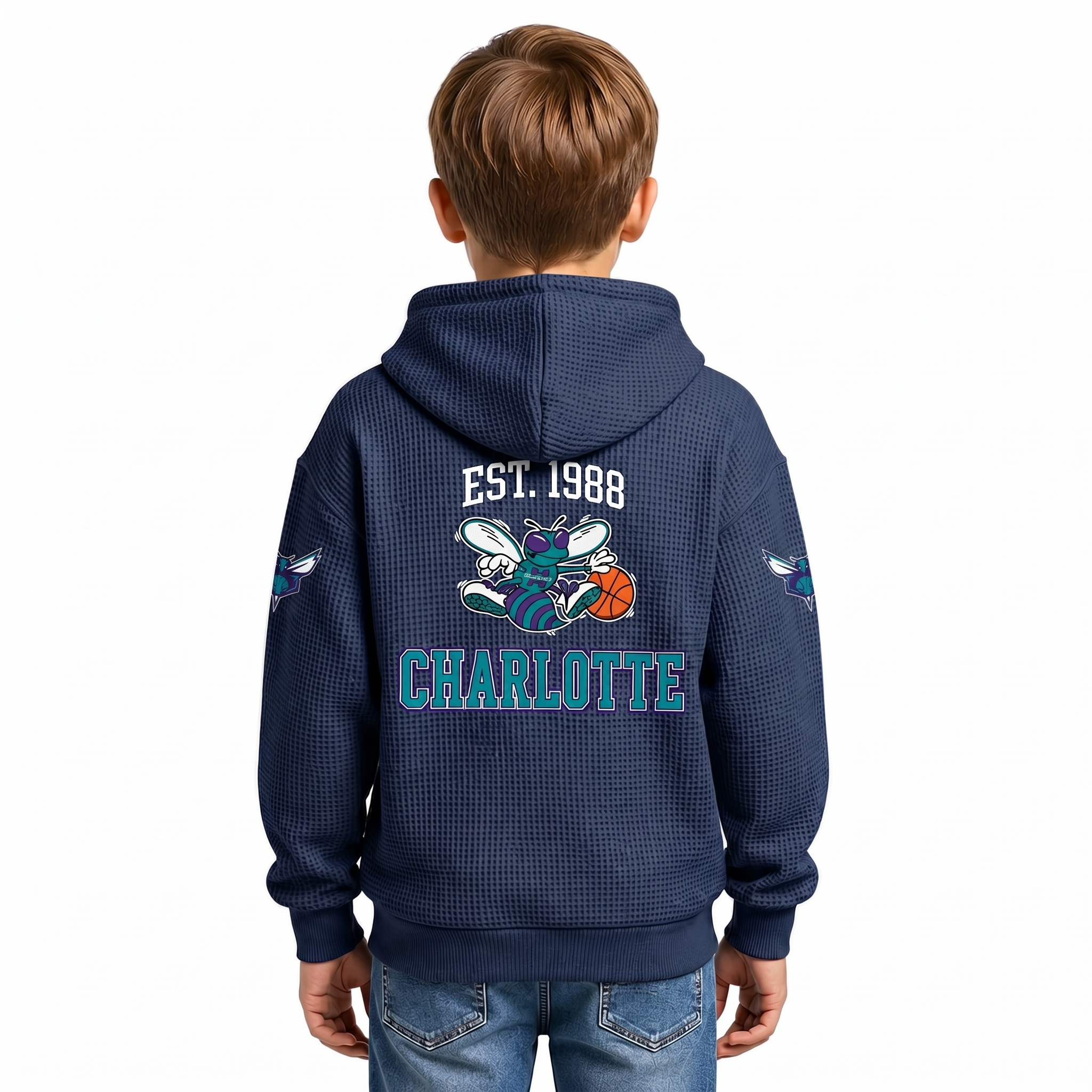 Charlotte Hornets EST 1988 Printed Waffle Quarter Zip Basketball Fan Hoodie For Kids