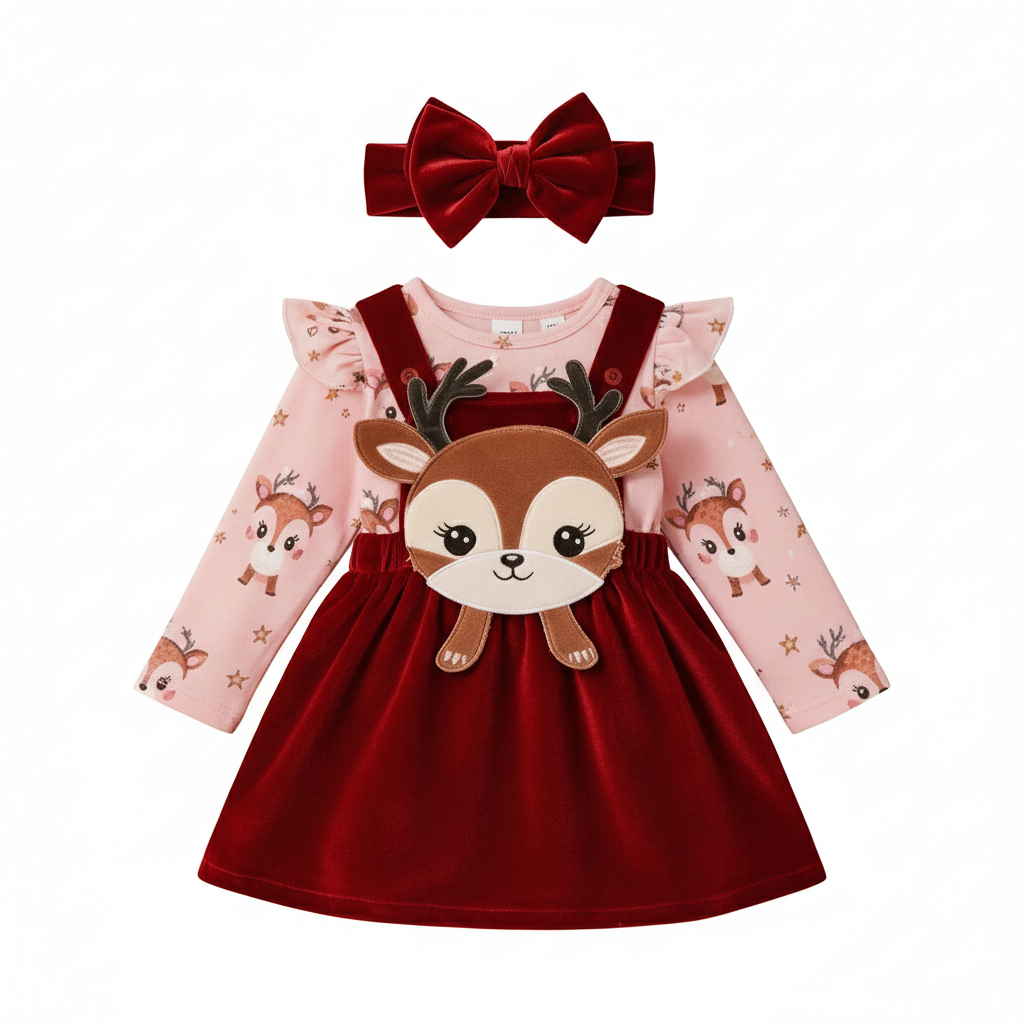 Baby Girl Christmas Deer Print Bodysuit Set