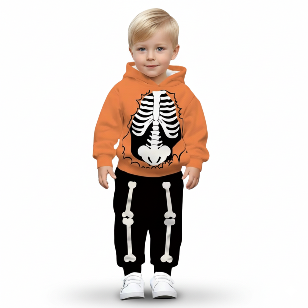 Halloween Bones Print Hoodie Set for Kids