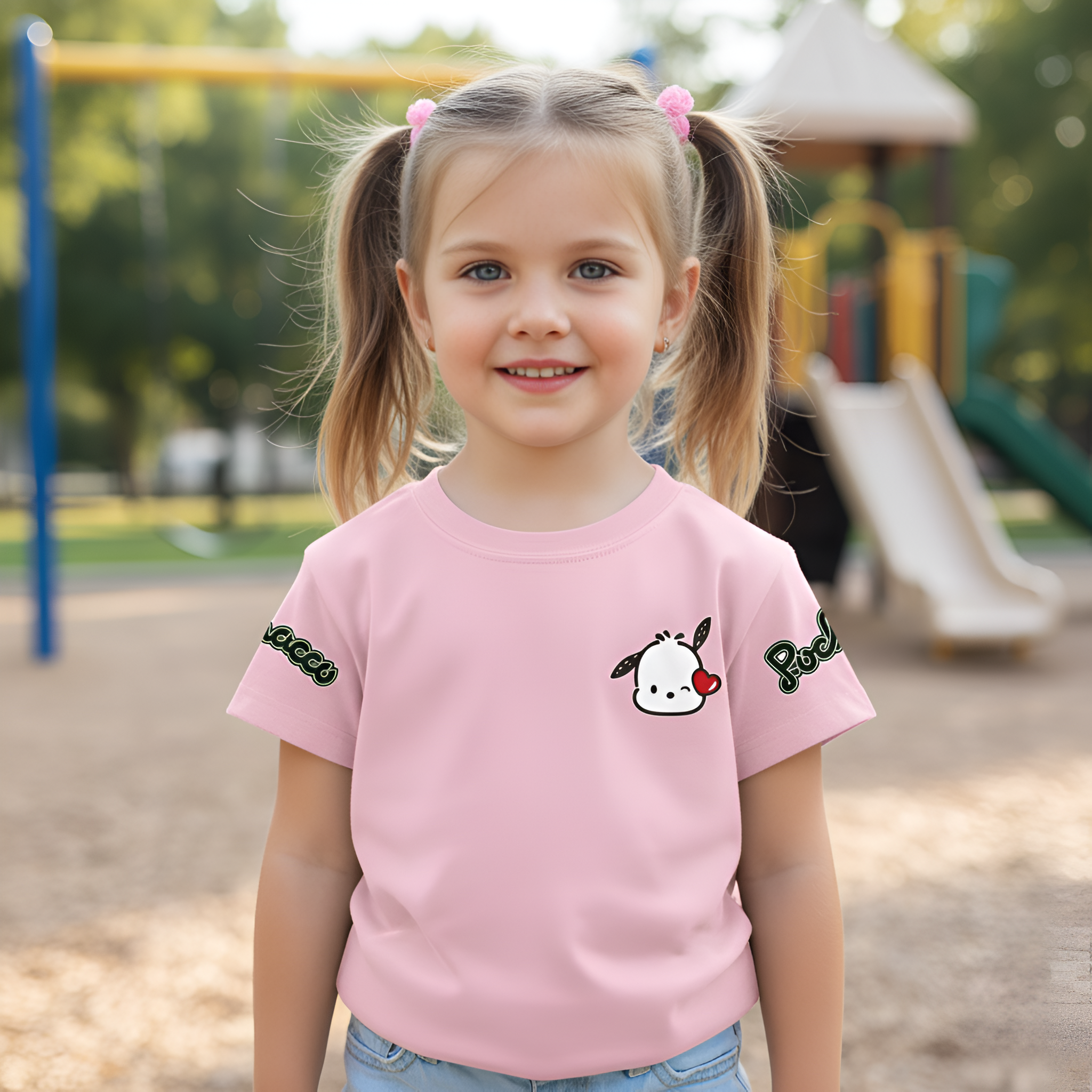Mesh Short Sleeve T Shirt With Double Sided Pochacco Print For Girls