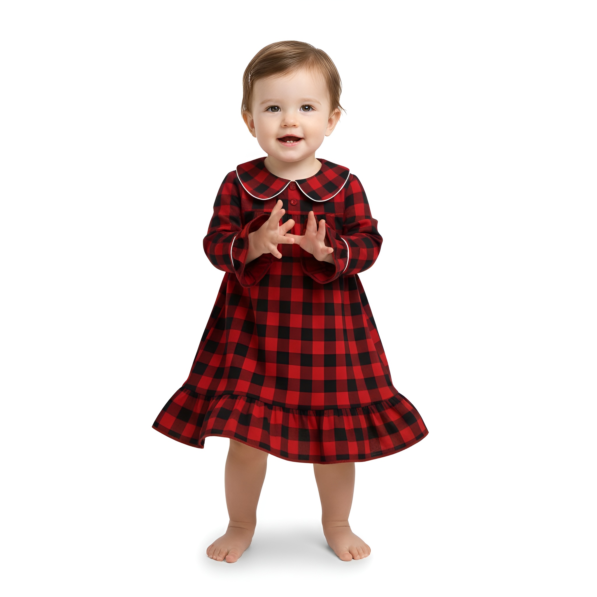 Check Ruffle Hem Long Sleeve Dress