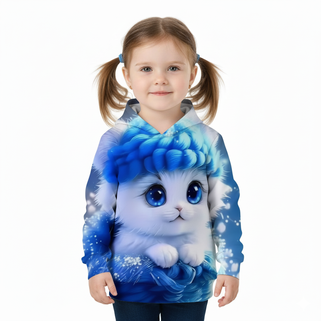 Kitten Graphic Print Hoodie With Floral Details For Kids