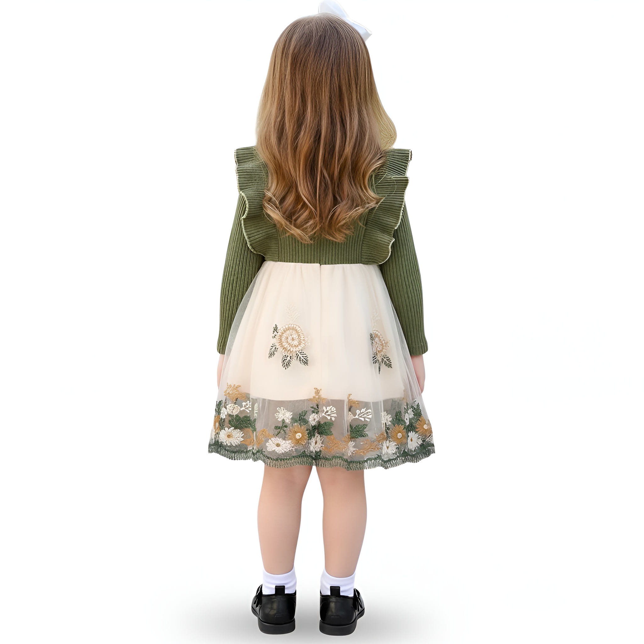 Girls Floral Print Ruffled Sleeve Dress with Butterfly Bow