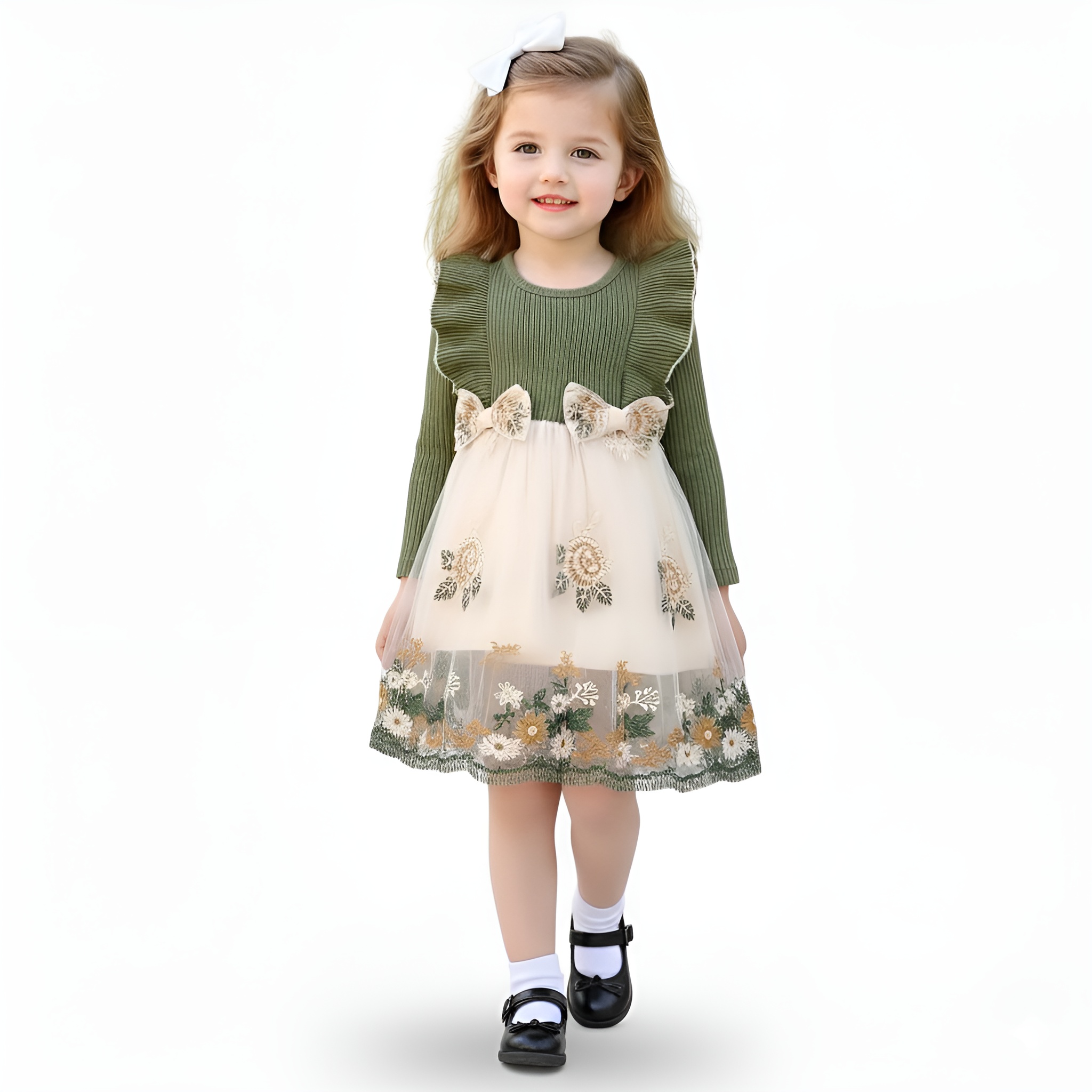 Girls Floral Print Ruffled Sleeve Dress with Butterfly Bow
