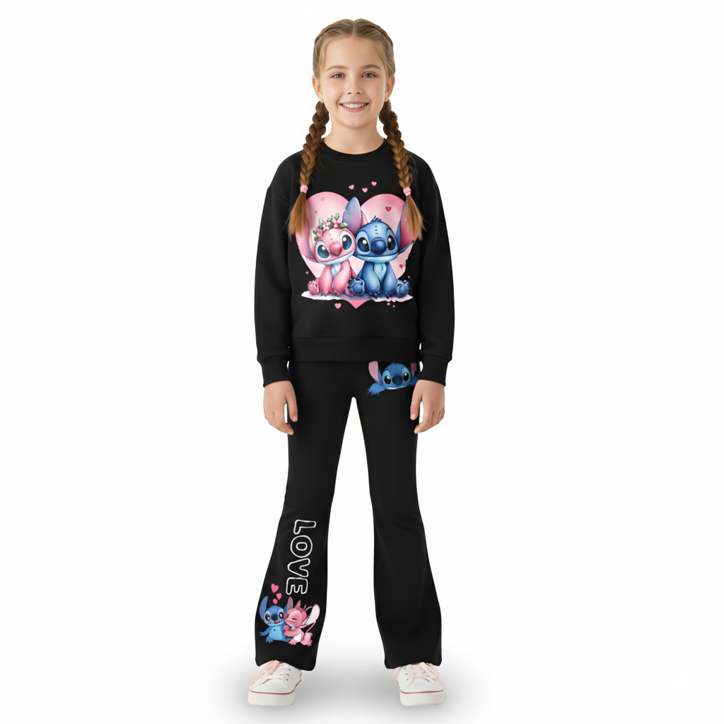 Girls Casual Sweatshirt Stitch Pattern And Bell Bottom Pants 2 Piece Set