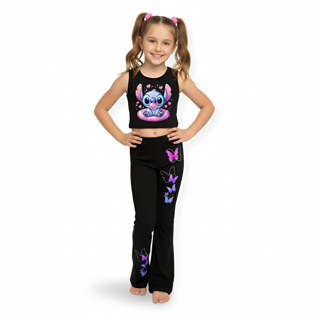 Stitch And Butterfly Print Girls Casual Sleeveless Vest And Pants 2 Piece Set