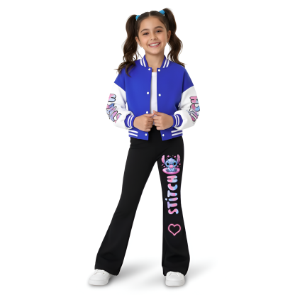 Stitch Print Girls Baseball Uniform And Trousers 2 Piece Set